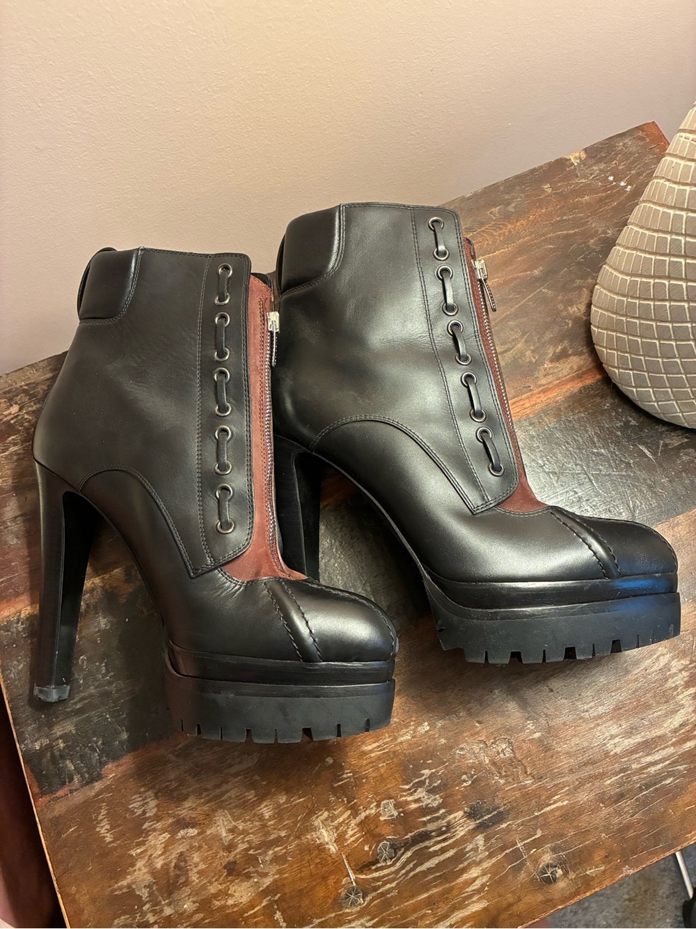 Authentic Sergio Rossi Black Leather Combat Boot Heel